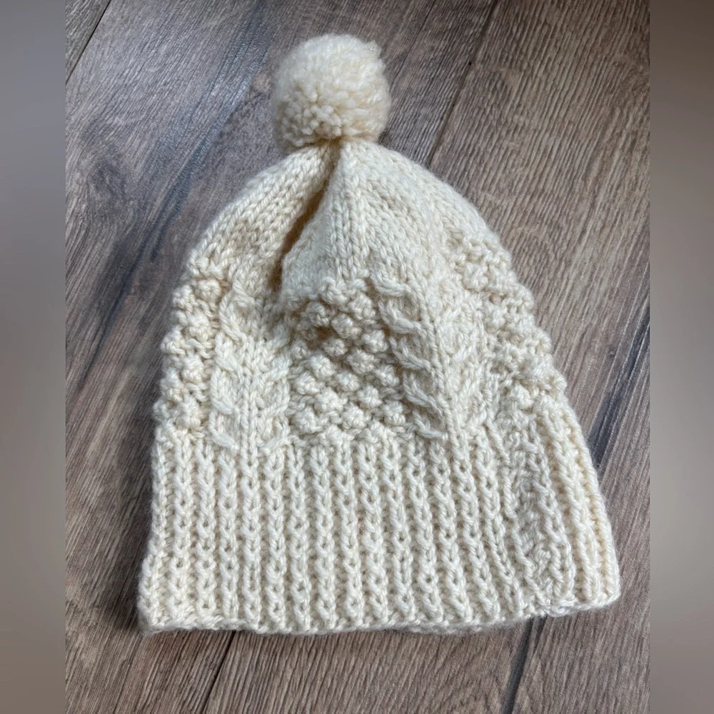Handknit Wool Beanie with Pom – Cream Cable Knit Woodsy Cottagecore